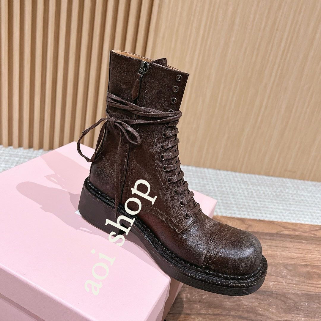MIUMIU レースアップ ブーツ ミュウミュウブーツ ブラウン - メルカリ