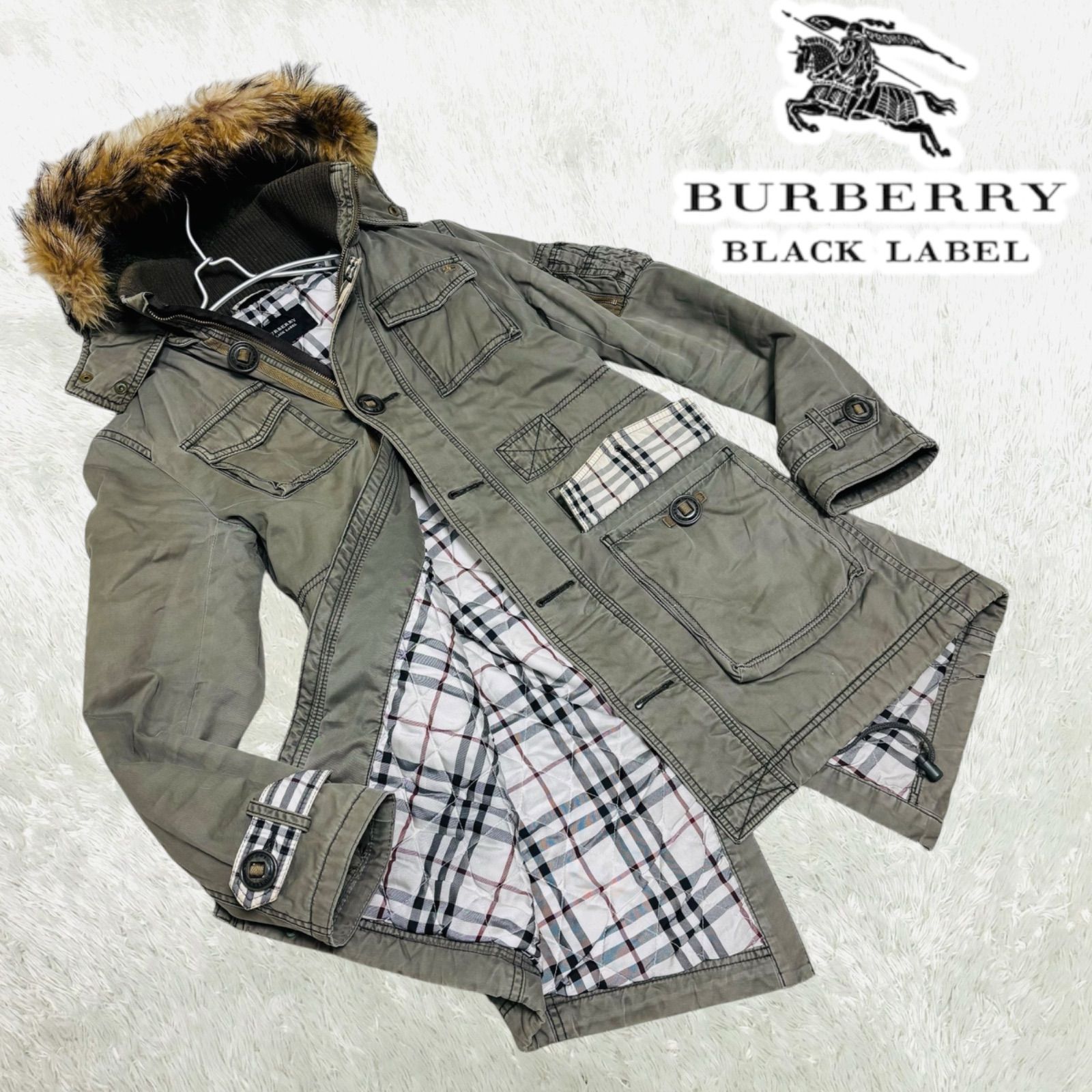 激レア 希少 入手困難 BURBERRY BLACK LABEL バーバリー ブラックレーベル ミリタリー モッズコート ノバチェック サバイバル  ラクーンファー N3B リアルファー カーキ - メルカリ