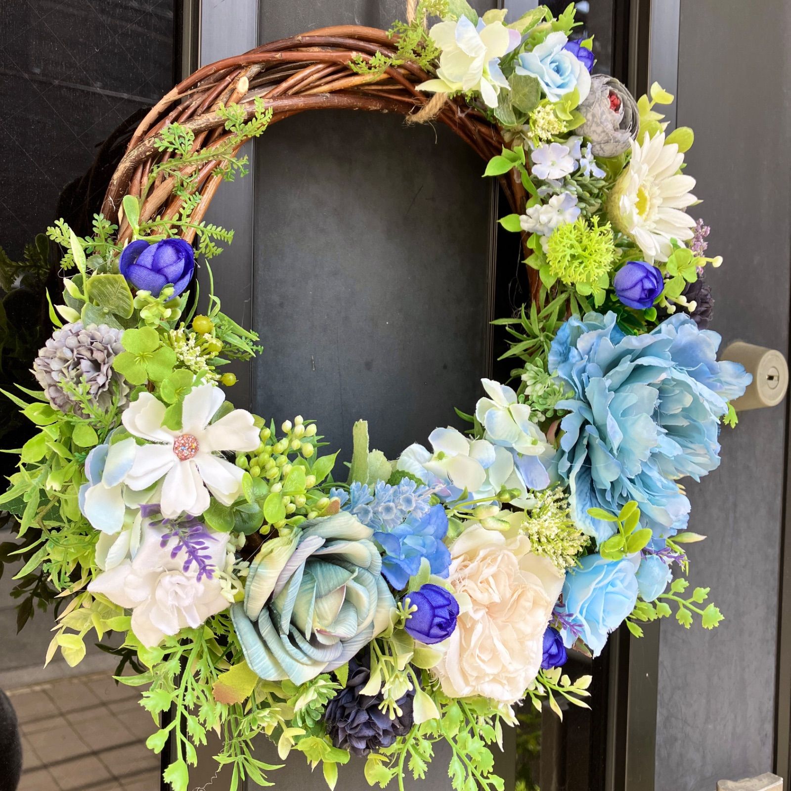 ❇︎フラワーリース❇︎blue❤️36cm☆フラワーアレンジ☆玄関リース  