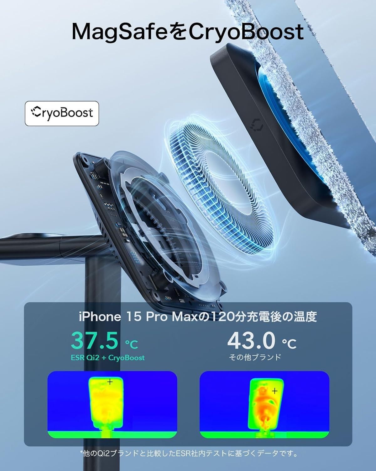 ESR Qi2 3 in 1 ワイヤレス充電器（CryoBoost搭載) Apple認定Watch充電器&15W Qi2 Magsafe充電器（iPhone用）スマホ冷却ワイヤレス充電器 iPhone 16/15/14/13シリーズ用 アップルウォッチAir