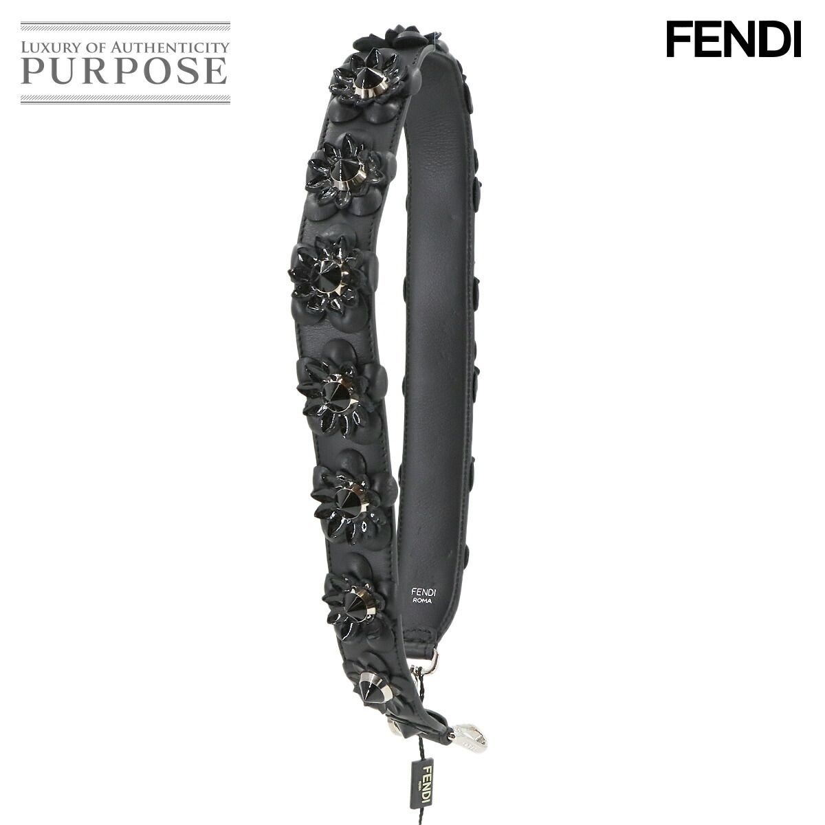 フェンディ FENDI フラワー スタッズ ストラップユー ショルダー ストラップ レザー ブラック シルバー 金具 90279336