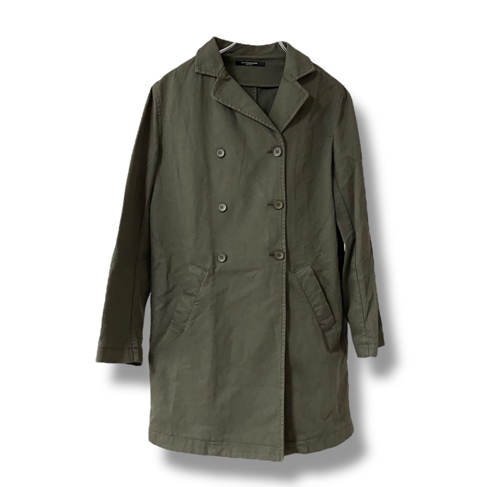Le Verseaunoir ルヴェルソーノワール カーキ系 ダブルボタン コート ロング丈 コットン98 イタリア製 40 Lサイズ相当 レディース 上質素材 エレガント 0000621OC