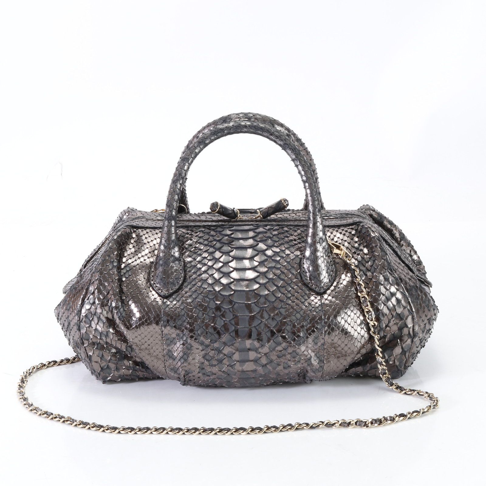 美品 ZAGLIANI ザリアーニ メタリック グレー パイソン レザー 2WAY 