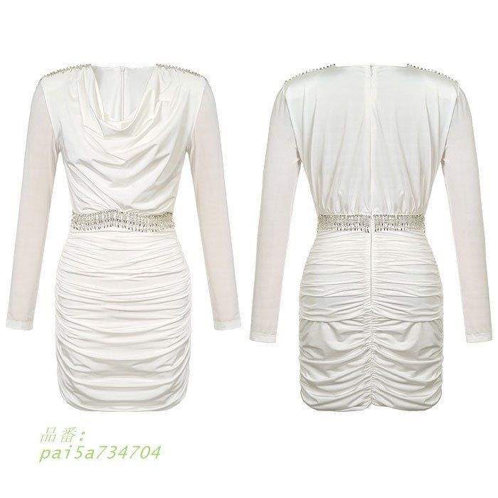 ビジューショルダー ドレープネック 長袖ショートタイトワンピース 白 黒 キャバ 服 スナック 韓国 レディース pai5a734704 WWW_MORNINGWALKER_COM