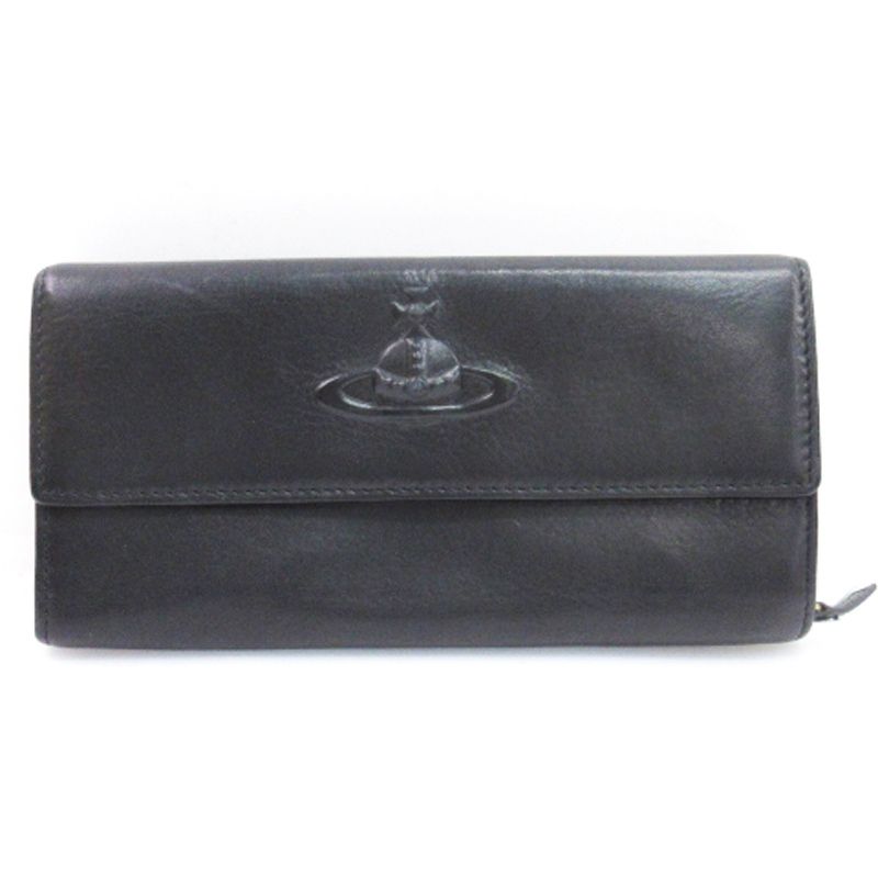 【新品同様】Vivienne Westwoodレザー　シボ革　長財布　オーブ　黒 ヴィヴィアンウエストウッド Vivienne Westwood オーブ 長財布