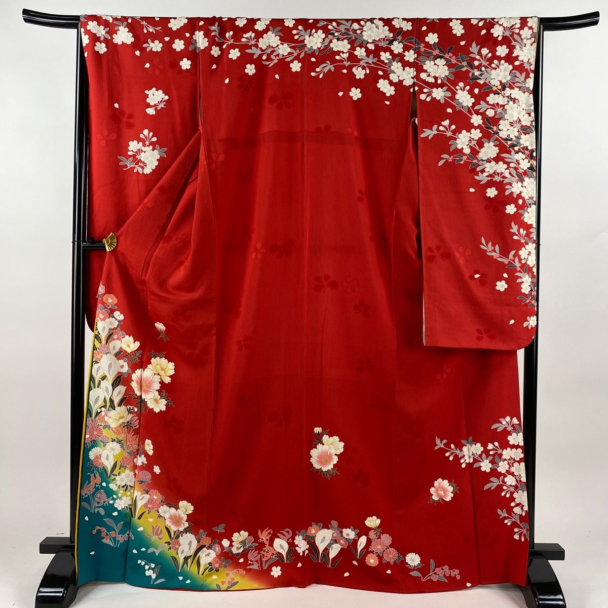 振袖 身丈168cm 裄丈67cm M 袷 草花 桜 金糸 金彩 赤 正絹 名品