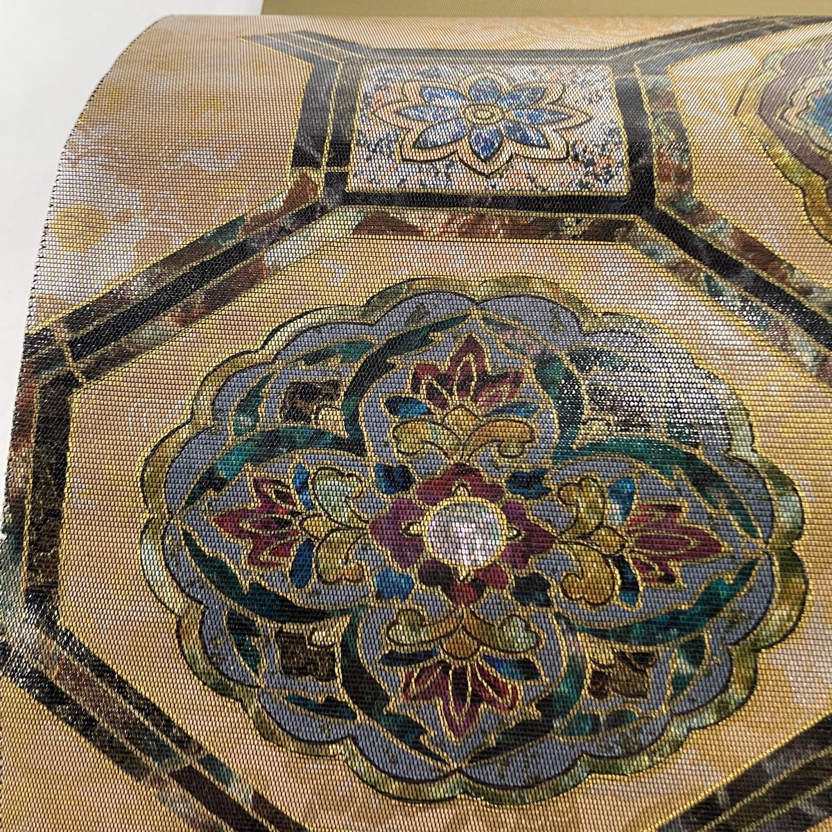 袋帯 美品 名品 蜀江華文 螺鈿箔 箔 茶色 お太鼓柄 正絹 【中古