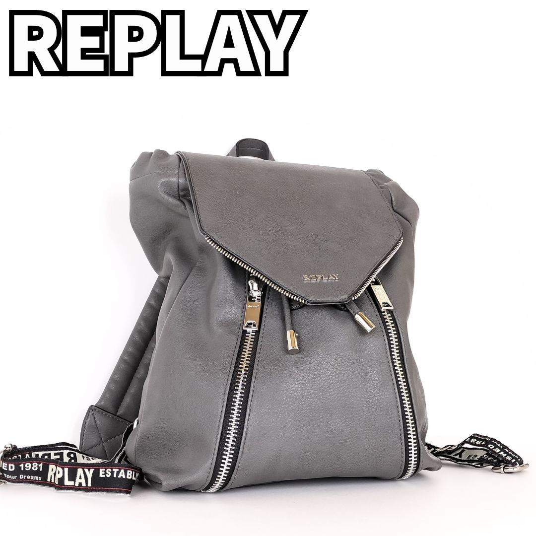 【訳あり✨展示未使用品】　REPLAY　リプレイ リュック バッグパック ジップ レザー 巾着　グレー