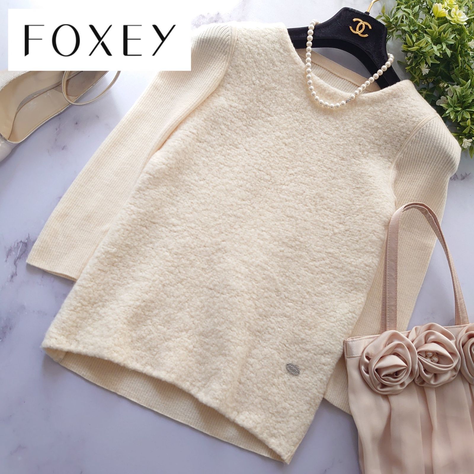 定価6.4万 フォクシー 異素材切り替え ウール ロゴプレート ニット トップス 七分袖 38