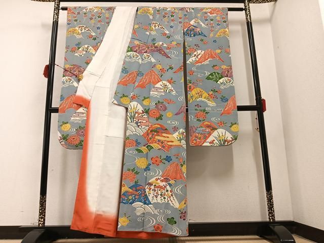 平和屋着物●豪華振袖 型染め 遠山草花文 鬼しぼ縮緬 正絹 AABB7269ph