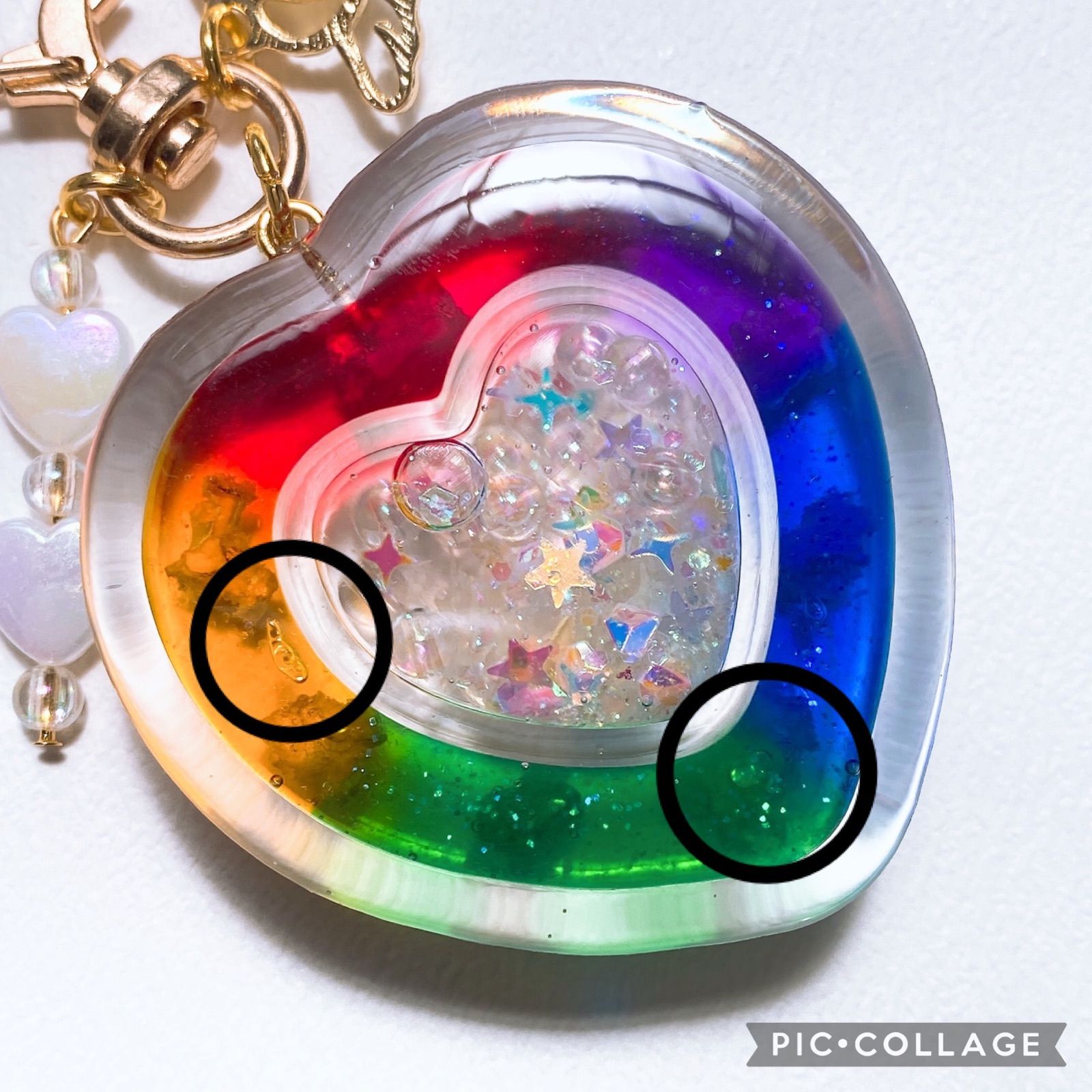 レジン ハンドメイドキーホルダー ダブルハートシェイカー 虹と雲
