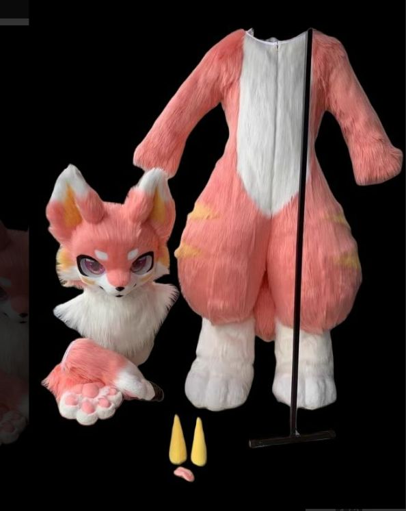 マスク 着ぐるみ ケモノ体 フルスーツ セット キツネ ピンク 全身 尻尾