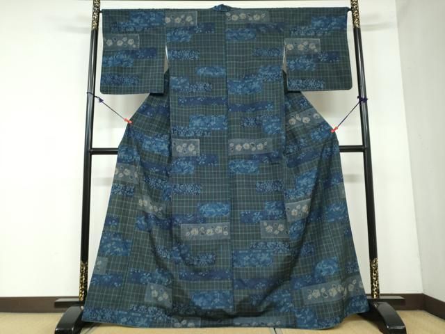 平和屋着物○上質な小紋 紬 本藍 横段花鳥文 正絹 逸品 平和屋着物○上質な小紋 紬 本藍 横段花鳥文 正絹 逸品