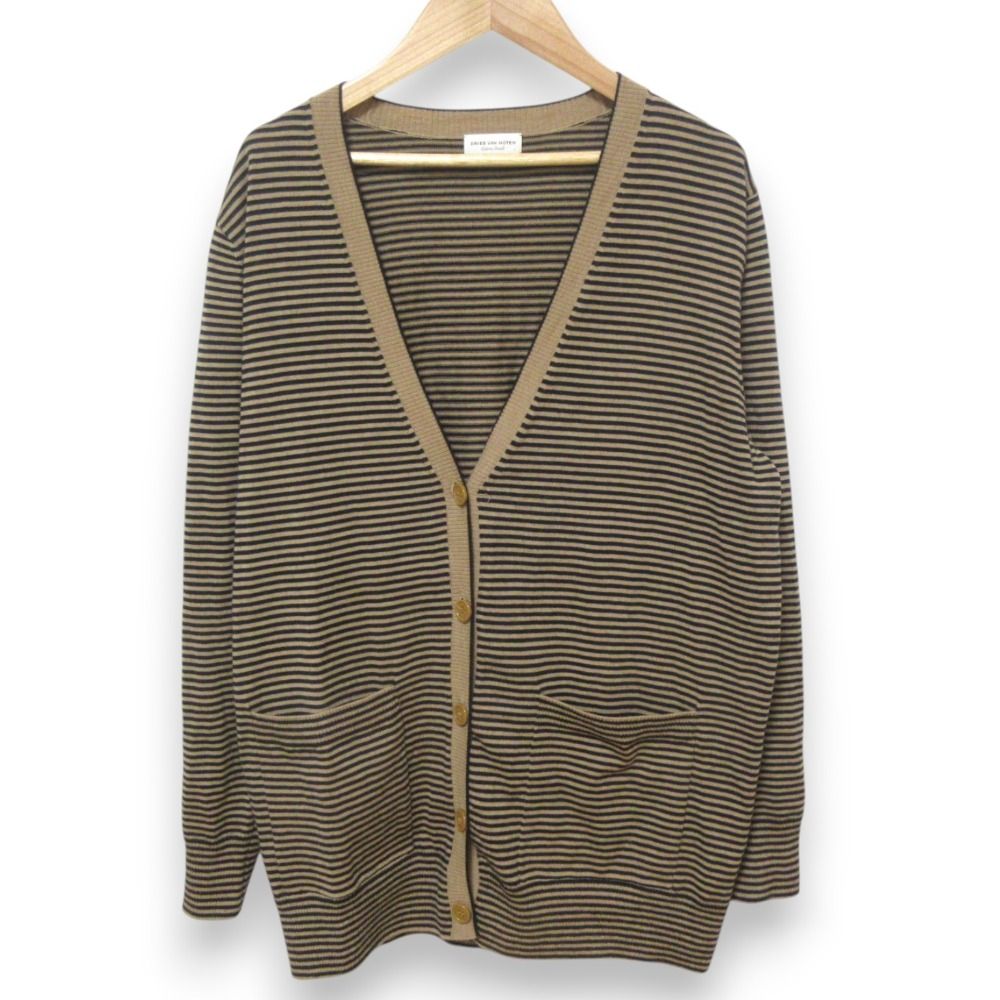 美品 DRIES VAN NOTEN ドリスヴァンノッテン メリノウール ボーダー柄 Vネック ニット カーディガン XS ブラック×キャメル レディース 古着 中古 美品 DRIES VAN NOTEN ドリスヴァンノッテン メリノウール