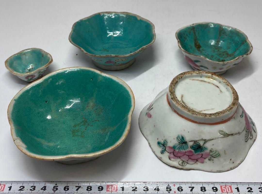 中国清時代 粉彩茶碗 5点 直径12㎝|9.6㎝|5.8㎝他 東ま5-1210