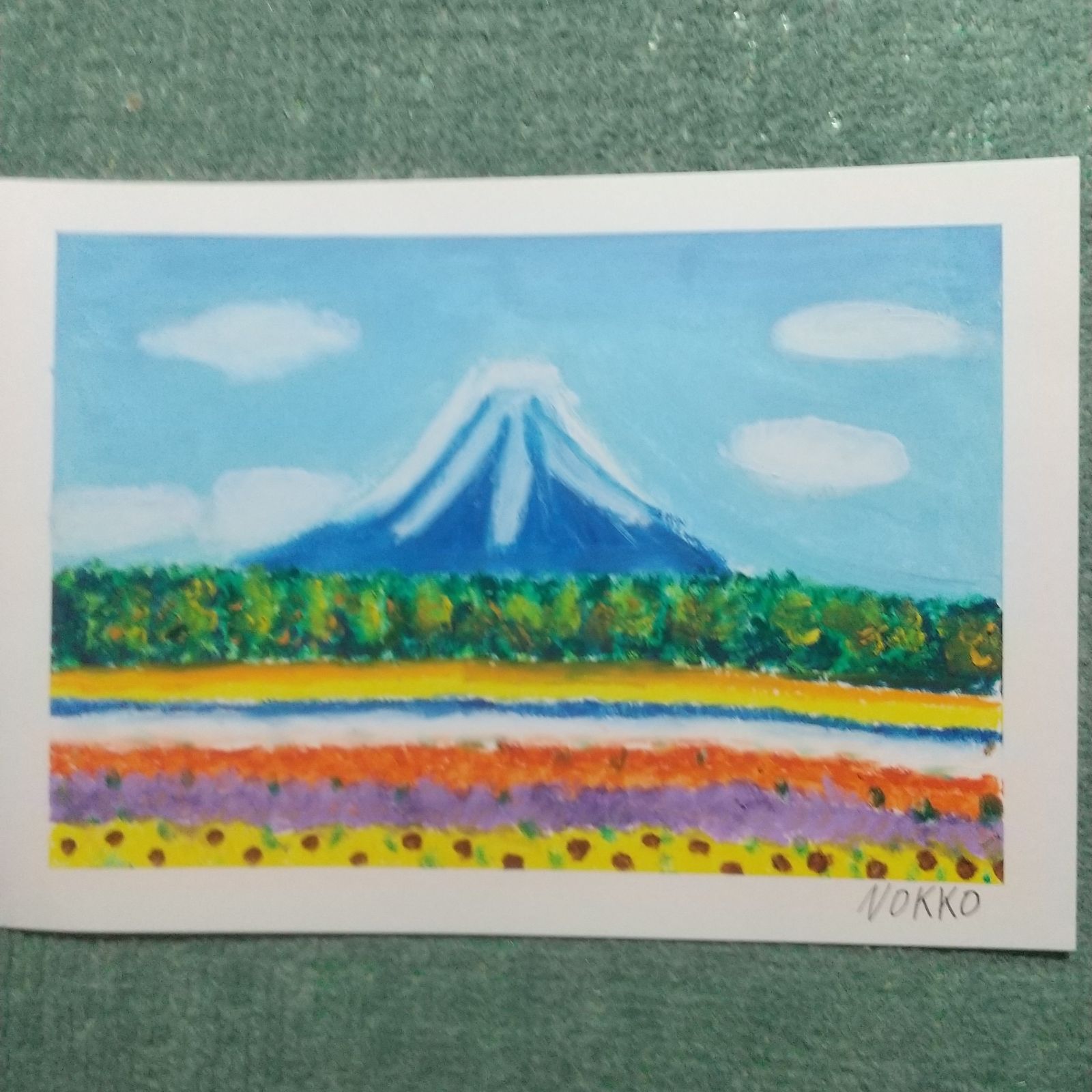 額なし オイルパステル画 富士山と花畑 原画１点物 A5サイズ