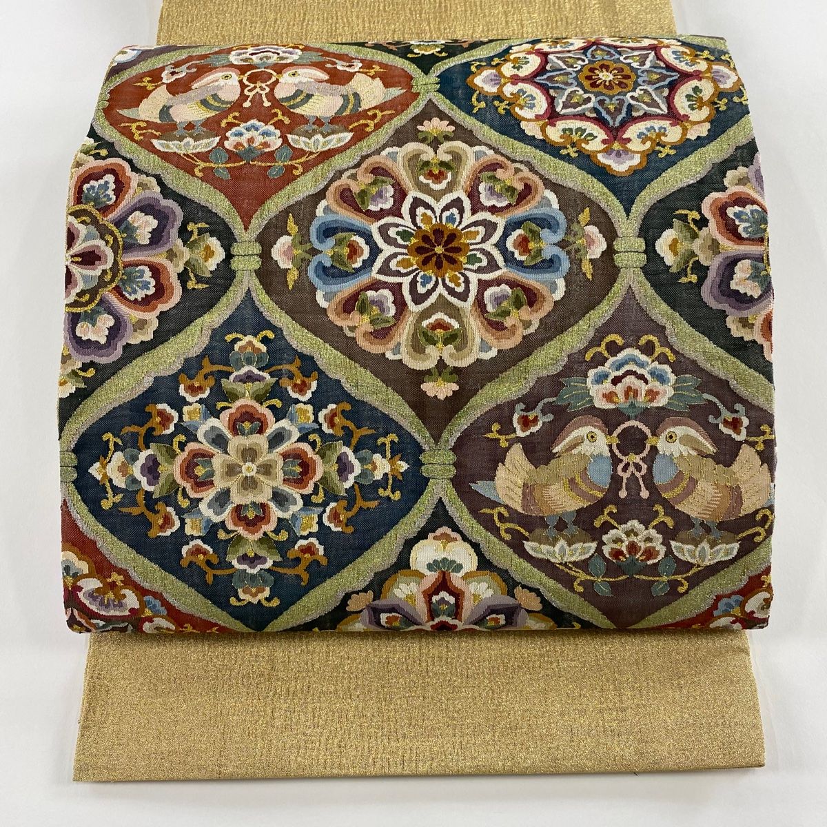 袋帯 華文 向かい鳥 金銀糸 金色 お太鼓柄 正絹