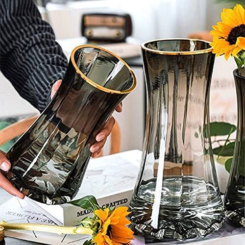 特別セール】>グレー+金縁-28cm< ガラス フラワーベース 花瓶 北欧 