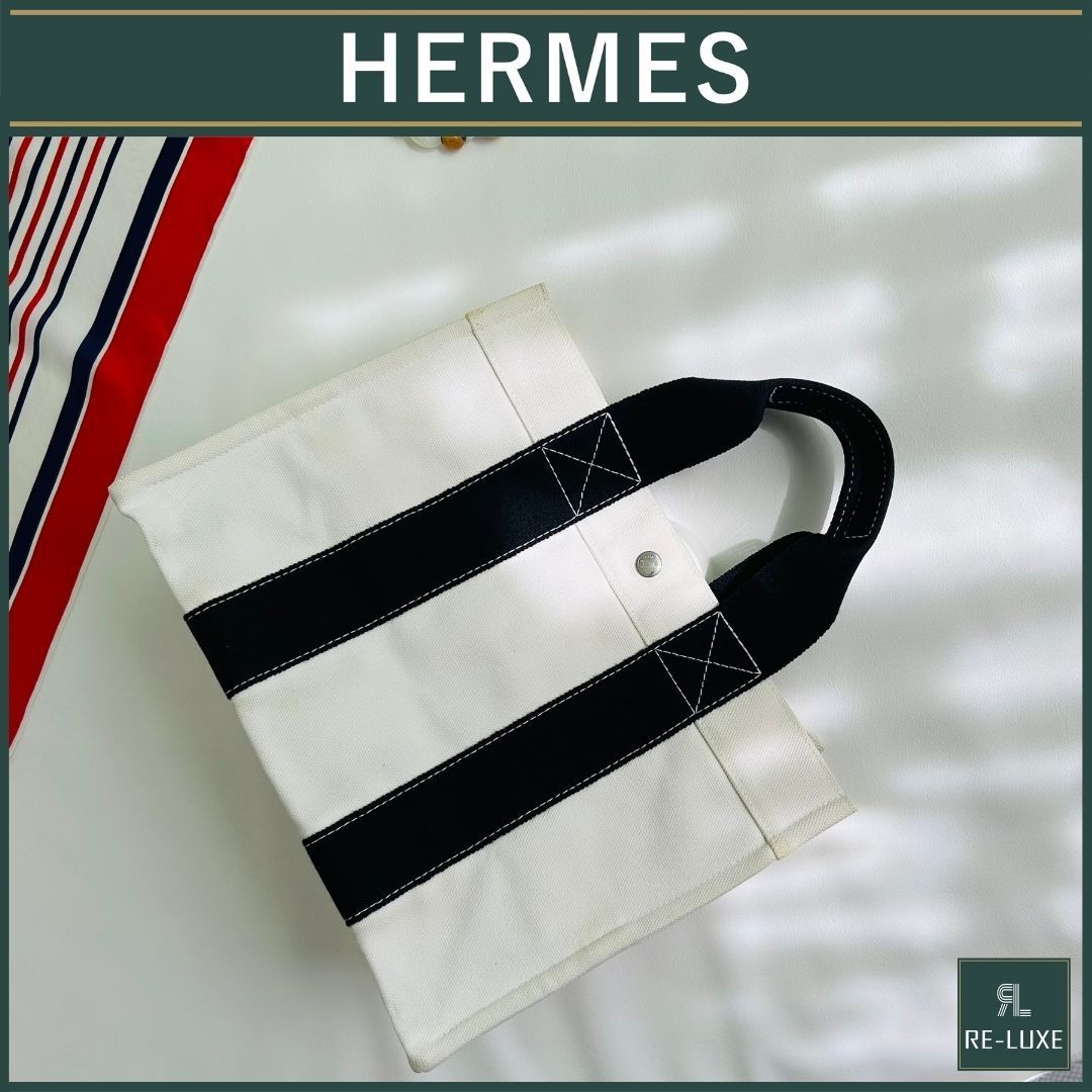 美品✦HERMES ボラボラ PM オフホワイト× BLACK キャンバストート 美品✦HERMES ボラボラ PM オフホワイト× BLACK キャンバス