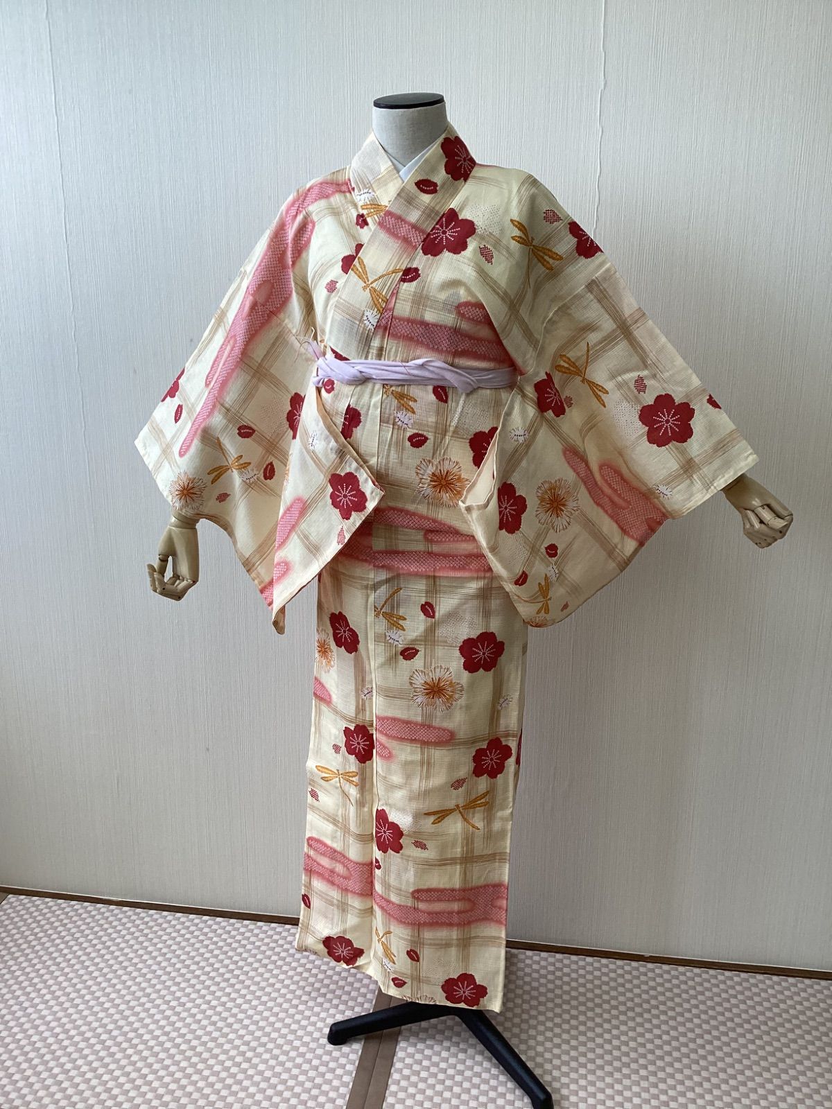 7-255 浴衣 綿 夏物 着物 浴衣 着物 夏物 女物浴衣 梅 トンボ 勝虫 綿紅梅 リサイクル着物