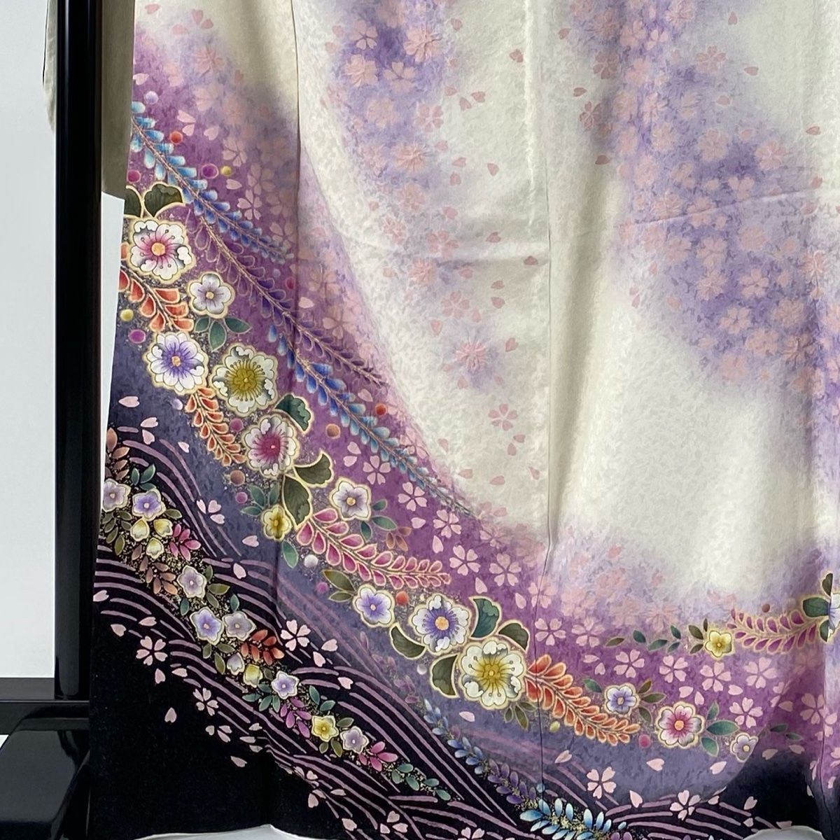 振袖 身丈168cm 裄丈69cm L 袷 辻が花柄 波 銀通し 金彩 クリーム 正絹