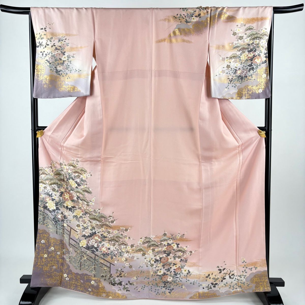 訪問着 身丈166cm 裄丈67cm M 袷 牡丹 松 金彩 ぼかし ピンク 正絹 秀品