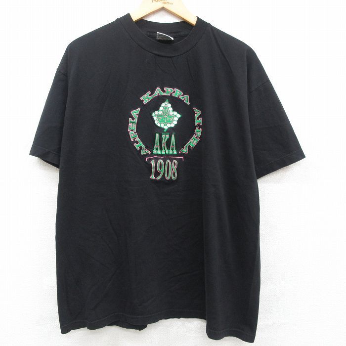 XL/古着 半袖 ビンテージ Tシャツ メンズ 90s ALPHA 刺繍 大きいサイズ コットン クルーネック 黒 ブラック 23jun24 中古