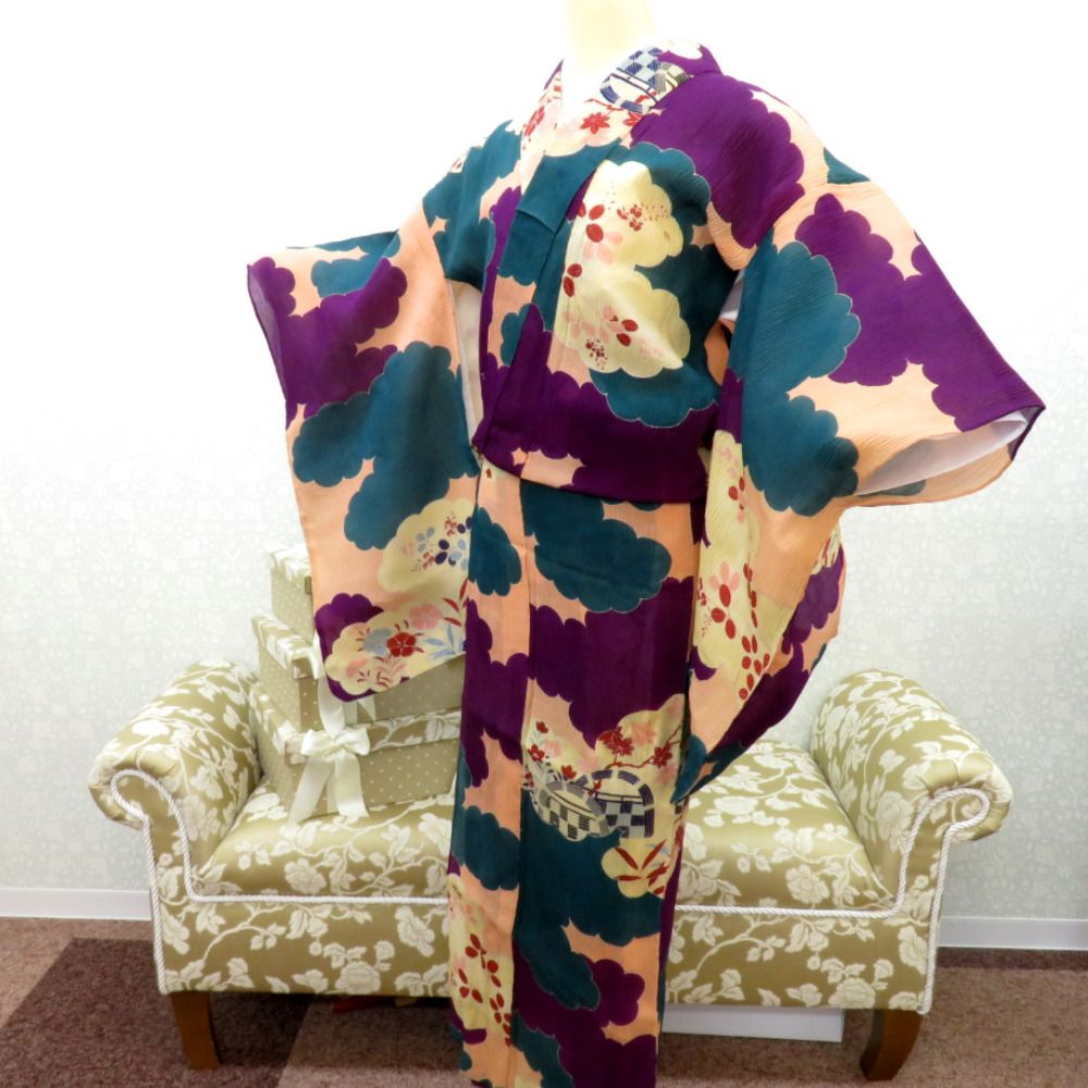 夏着物 昔 アンティーク 昔着物 ピンク 多色 雲取 花 風景 バチ衿 正絹 レトロモダン 明治 大正ロマン サイズ小さめ 身丈149.4cm