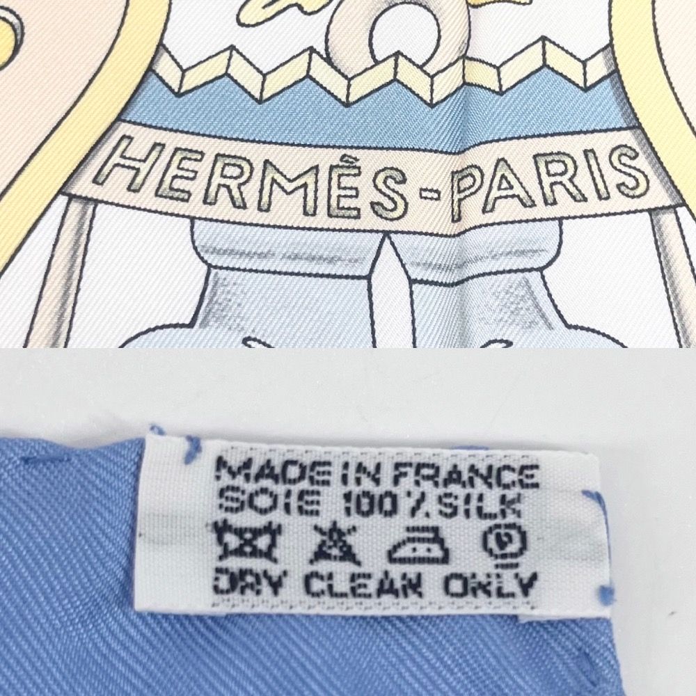 エルメス スカーフ レディース カレ90 LAIR MARIN 海風 船 灯台 貝殻 大判 ファッションアイテム HERMES シルク ブルー 青  ライトブルー 美品【中古品】