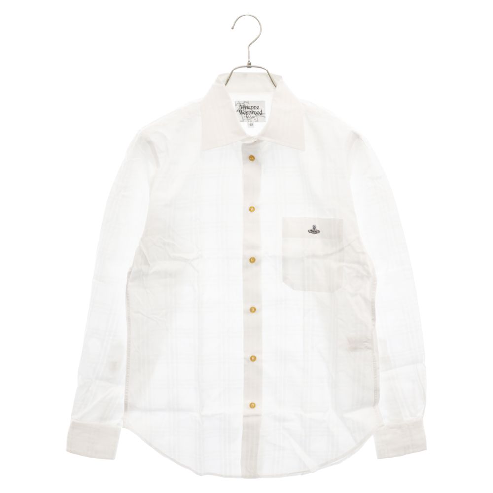 Vivienne Westwood MAN (ヴィヴィアンウエストウッドマン) チェック柄 ロゴエンブロイダリー フロントポケット 長袖シャツ ホワイト VW-WR-85917
