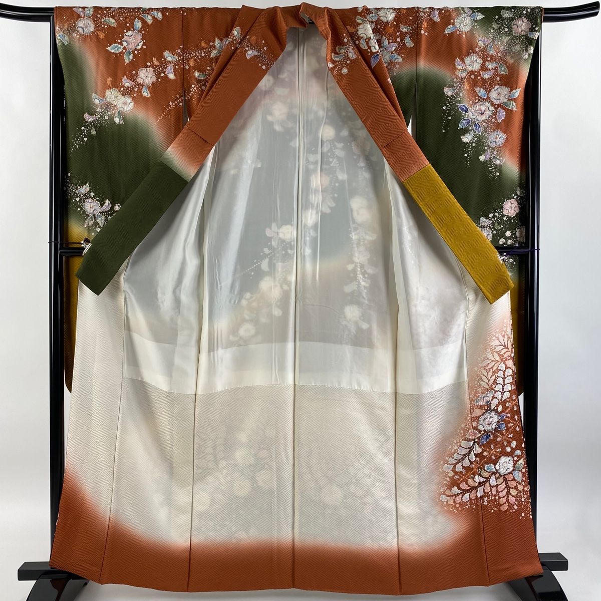 美品 本振袖 翠山工房 辻が花 絞り 朱色 トールサイズ 身丈170cm 振袖 身丈163cm 裄丈65cm M 袷 翠山工房 落款 辻が花 染め分け