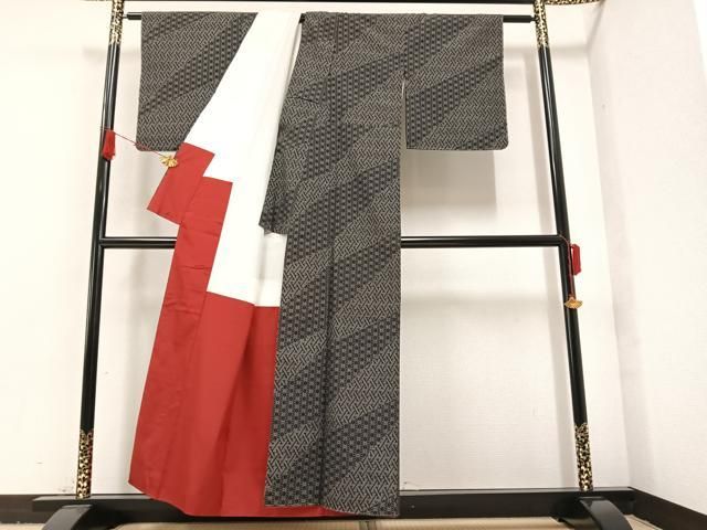 平和屋着物▽上質な紬 単衣 格子 正絹 逸品 AAAU7990fy