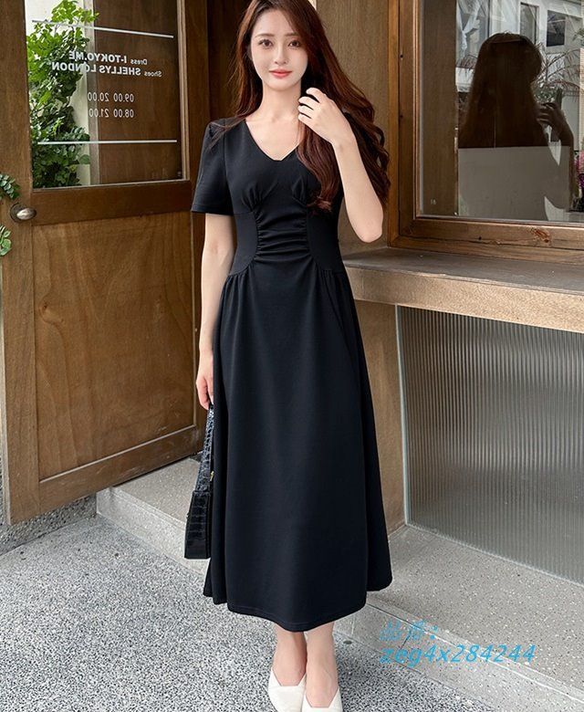 ワンピース 半袖 きれいめ ロングワンピース 半袖 夏 シンプル 無地 カジュアル 黒 きれいめワンピース ワンピース スリット Vネック レディース 大きいサイズ zeg4x284244