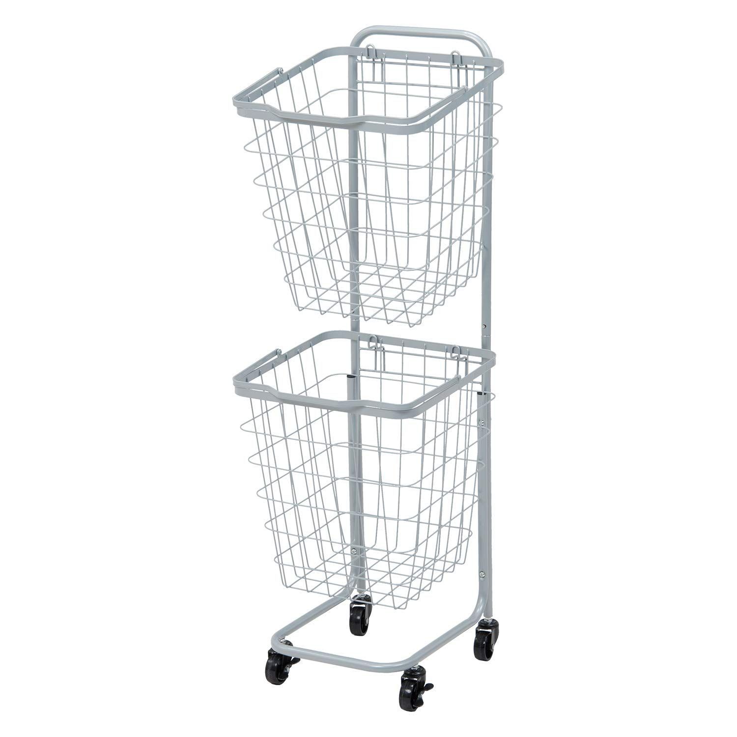 新品 萩原(Hagihara) ランドリーラック バスケット 脱衣 洗濯物 かご 2段 【取り外し・積み重ねOK】 大容量 ランドリーワゴン ワイヤー キャスター付 グレー KR-3970GY