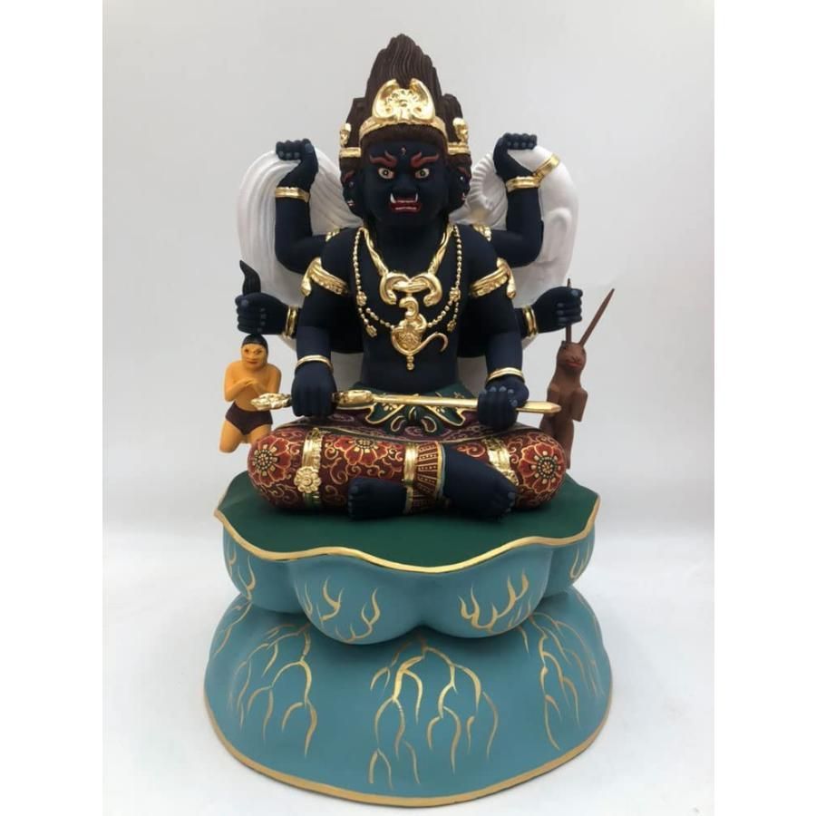 木彫り 仏像 忿怒形 三面大黒天 摩多利神 桧木製 木彫り 総高26cm 木製 仏像 七福神 彩切金