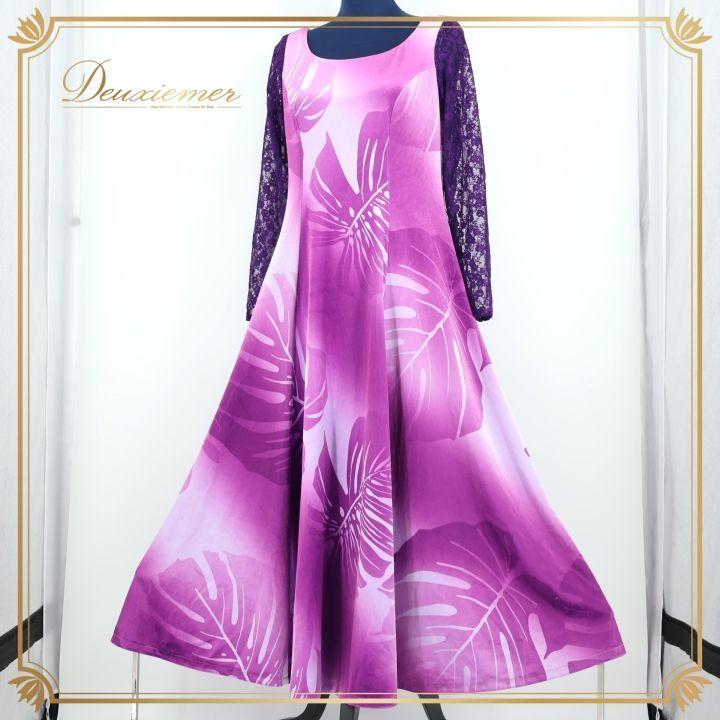 フラダンス 衣装 ワンピース ドレス パープル系 u ino! フラ ダンス モンステラ柄 花柄 レース 長袖 ベロア 光沢 感 華やか 鮮やか ハワイアン アロハ 上品 かわいい ハワイ製 ハワイアンプリント uino