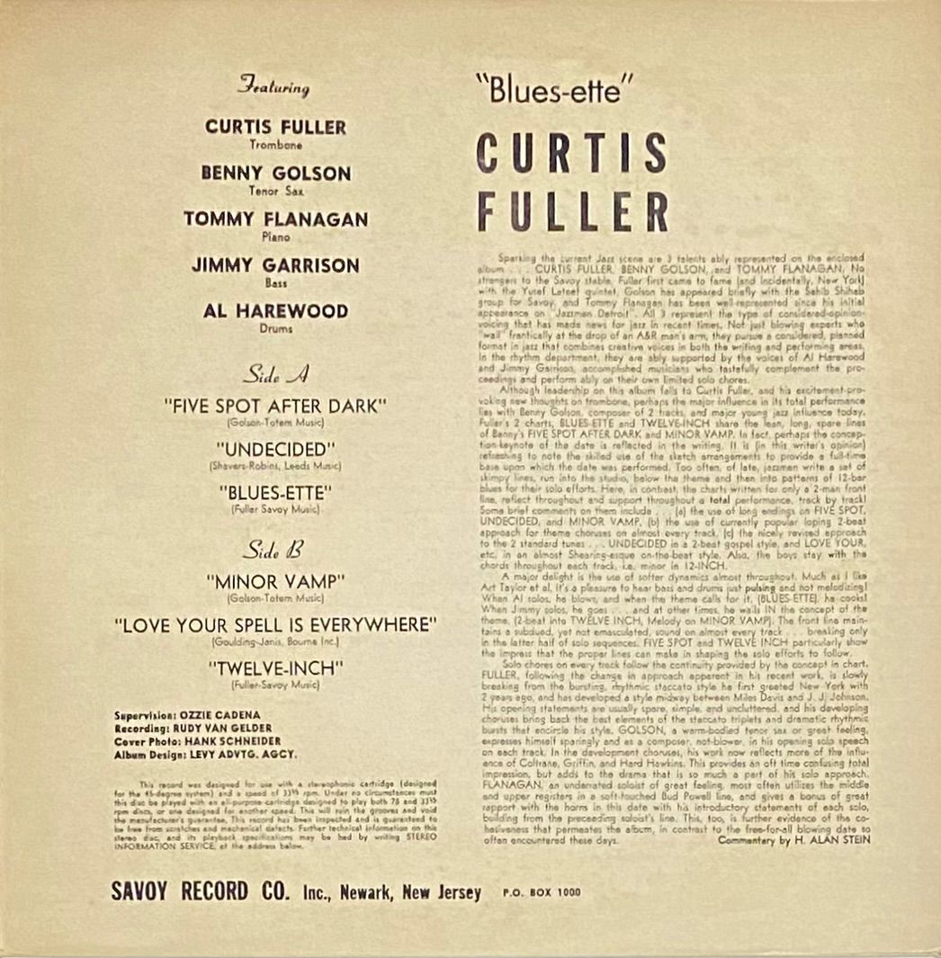 Curtis Fuller's Quintet 『Blues-ette』 US盤 Savoy Records RVG刻印