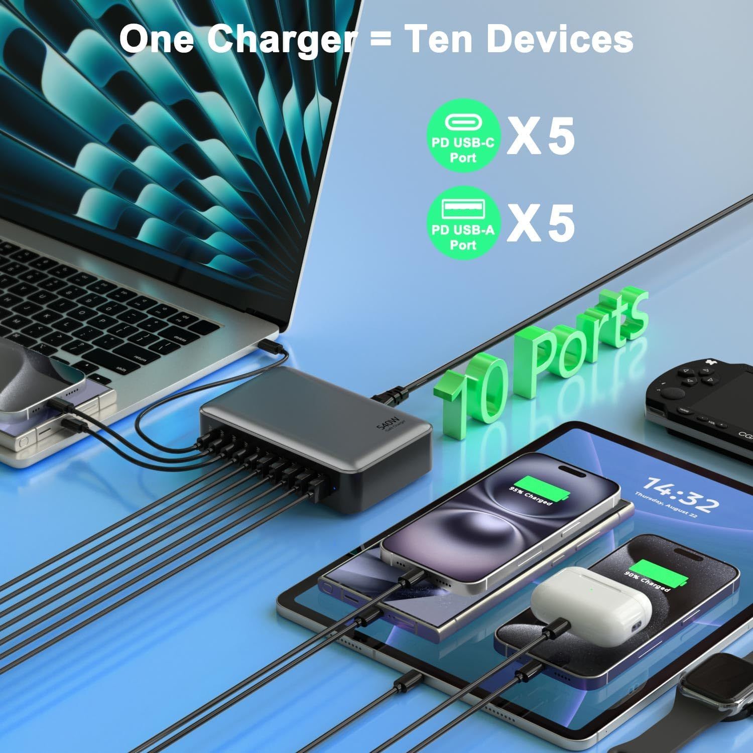 10ポートGan充電ステーション 最大100W単一ポートpd3.1高速充電器