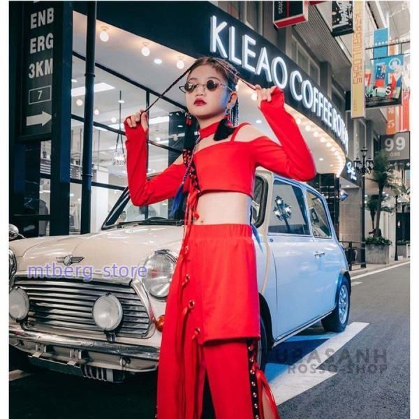 キッズ ダンス衣装 ガールズ ヒップホップ ジャズダンス 韓国 チアガール 応援団 赤 肩から テープ セット アップチア へそ出し 練