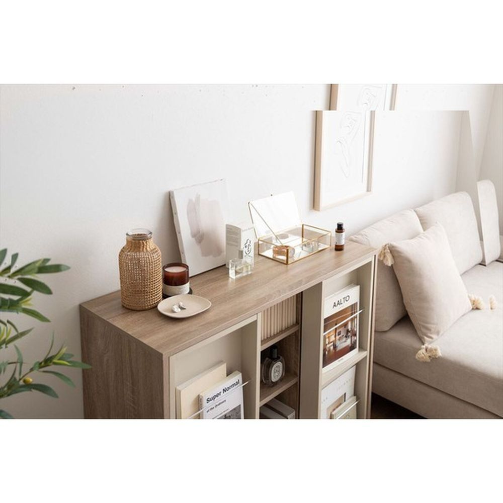 幅96cm】Mysa スライド収納付本棚ラック ナチュラル 本棚