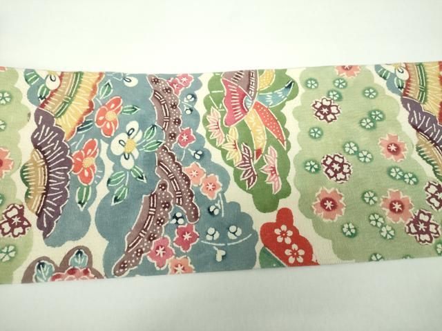 平和屋着物●九寸名古屋帯　型染　雲取り遠山花文　正絹　逸品　DAAX4343ps 平和屋着物○九寸名古屋帯 型染 雲取り遠山花文 正絹 逸品 DAAX4343ps