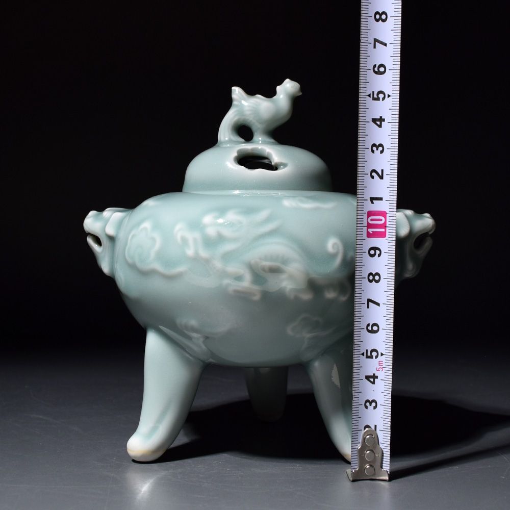 鍋島焼 伊万里焼 清松作 青磁 香炉 三足香炉 獅子耳 大香炉 茶道具 