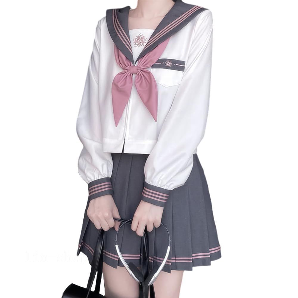 JK 上下セット プリーツスカート コスチューム 女子制服 仮装 レディース 本格 ハロウィン 三本 3点セット 自撮り 女子高校生 写真 花 セーラー服 撮影 ピンクリボン レディース 長袖 可愛い