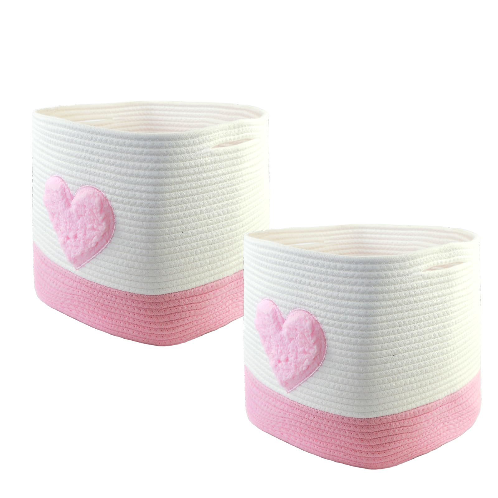 Lauatiiu 収納バスケット 2PCS - 28 x 28 x 28 cm 正方形コットンロープ編みバスケット 子供部屋、オフィス、装飾用の小さな編み並べバスケット。 (ピンク - ハート)