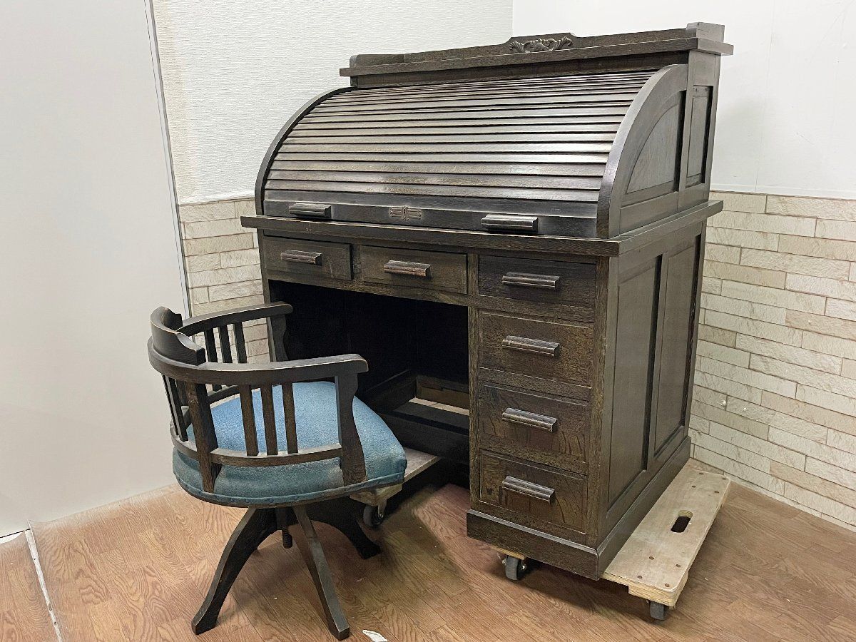 和製アンティーク ロールトップデスク 書斎 片袖机 蛇腹 ヴィンテージ