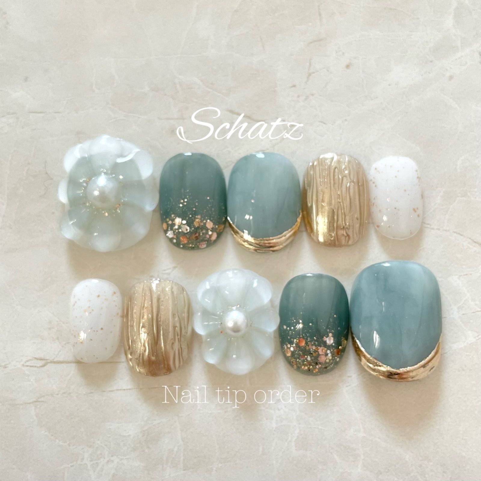 ぷっくりフラワー　ニュアンス　グリーン　水引き　うねうね　ミラー　成人式　振袖 現品）ジェルネイルチップ 成人式 振袖 菊 マグネット 水引き 青 黄色