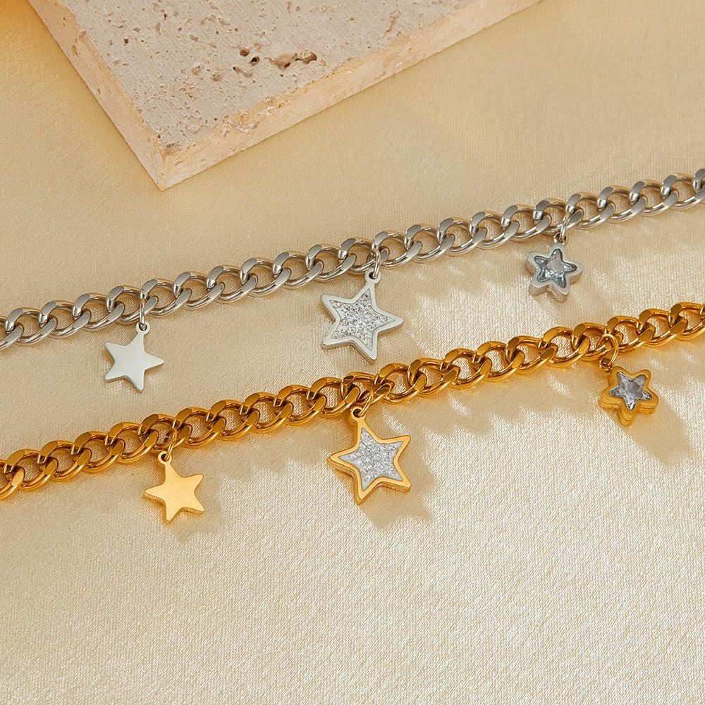 プレゼント おしゃれ 軽量 ゴールド＆シルバー 調整 キュービックジルコニア付き 星型チャーム ステンレス レディース ブレスレット