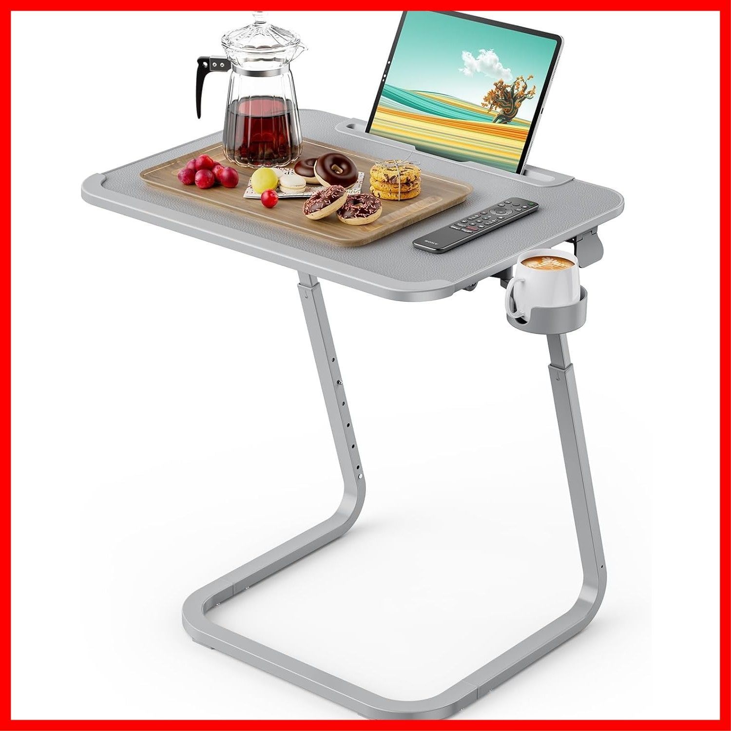 大容量レーザー天板 カップホルダー付け 滑り止め ベッドテーブル 食事用 ラップデスク 55cm*39cm 両用 角度調整ミニテーブル 53cm-72cm 机 高さ調整 グレー 安定性優れ サイドテーブル SAIJI テーブル