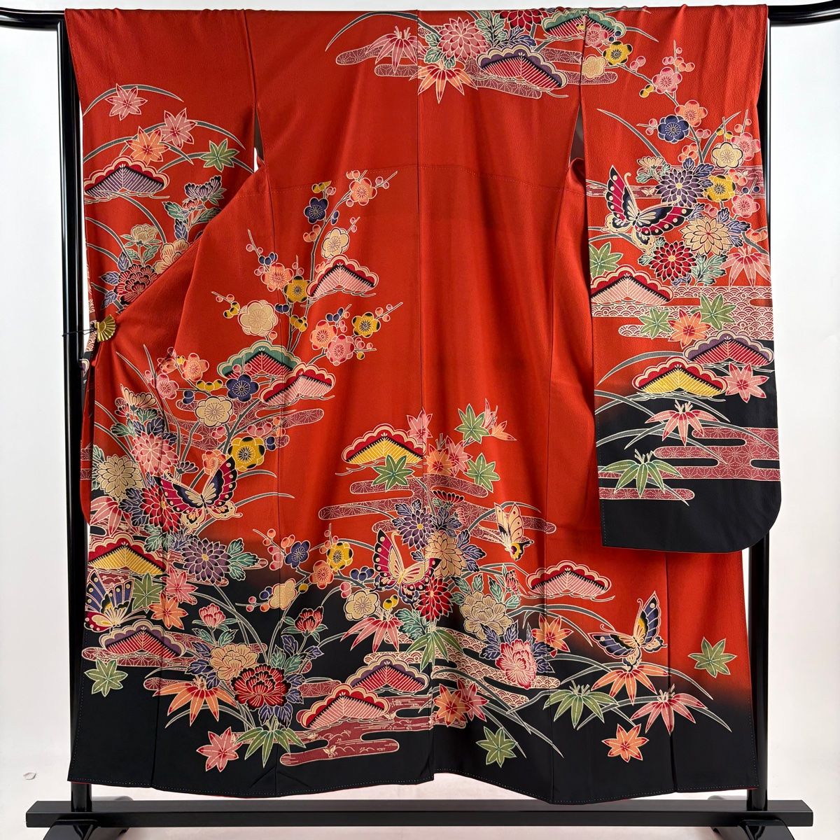 振袖 身丈154cm 裄丈66.5cm M 袷 蝶 松竹梅 染め分け 朱色 正絹 名品