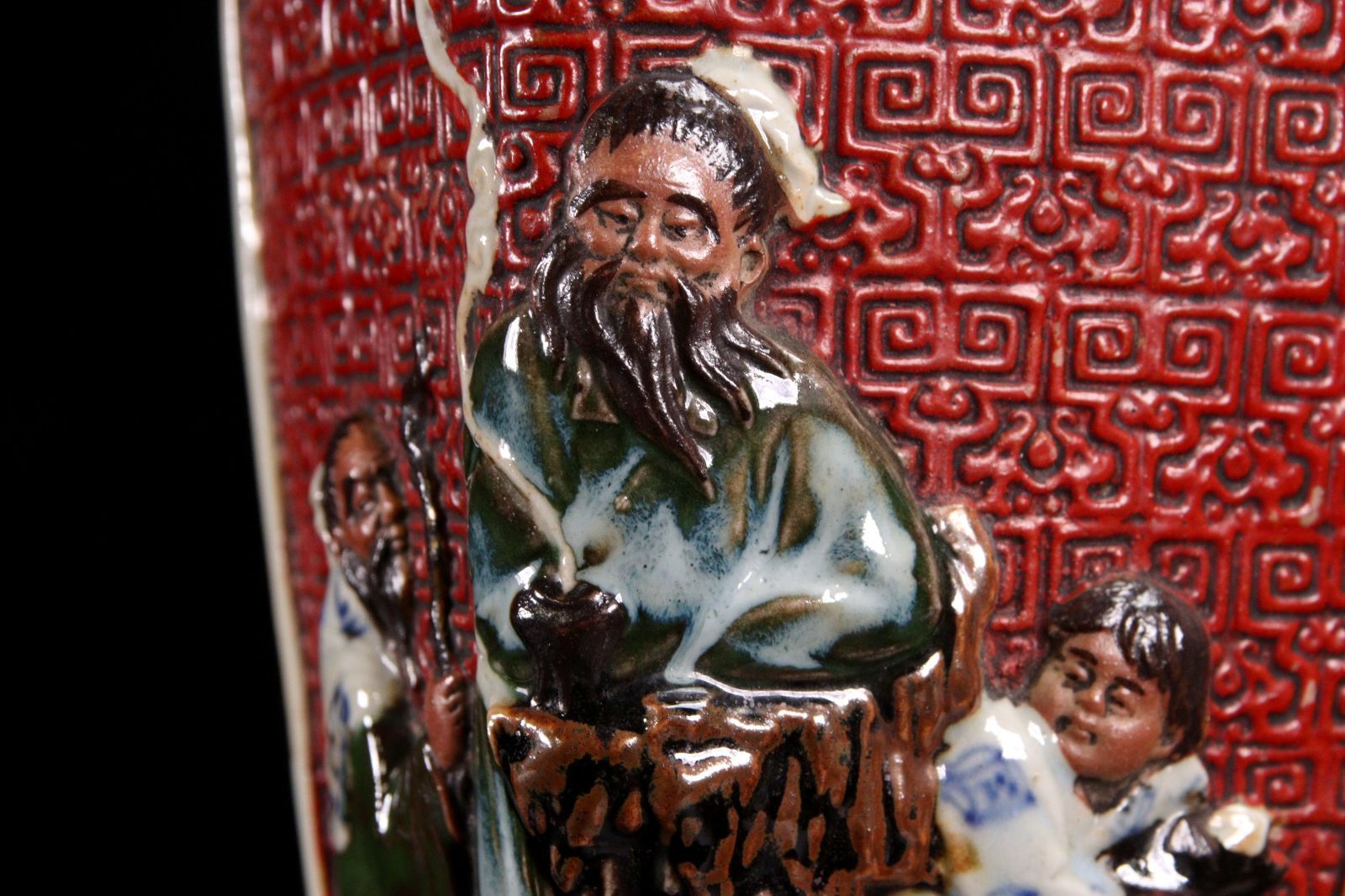 隅田焼 花瓶 井上良斎 隅田焼 井上良斎 高浮彫 賢人彫刻花瓶 一対 30.5cm 花入 唐物